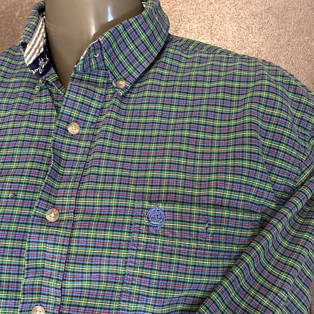 Men Wrangler George Strait Button Up Dress shirt Blue Green plaid L Long Sleeve